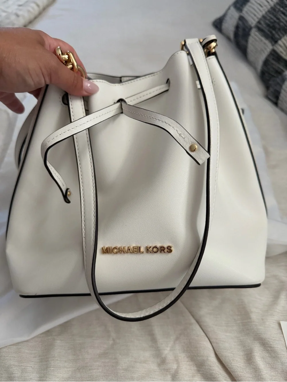 Michael Kors Cream Leather Shoulder Tote with Gold Hardware